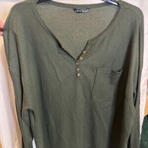 SHEIN Waffle-Knit Henley Top – Olive Green, Size L